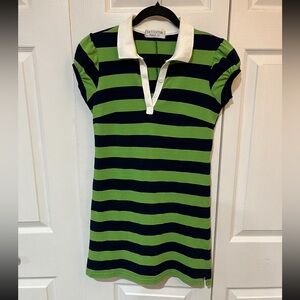 Juicy Couture long tunic top. Green/Navy stripes with white collar. Size M.